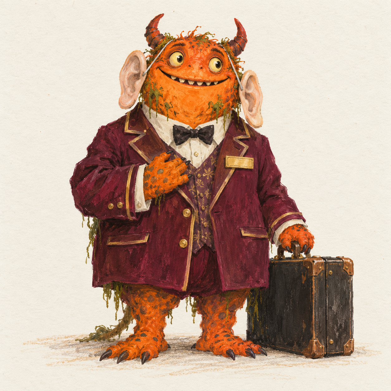 A small orange horned monster disguised as a hotel concierge