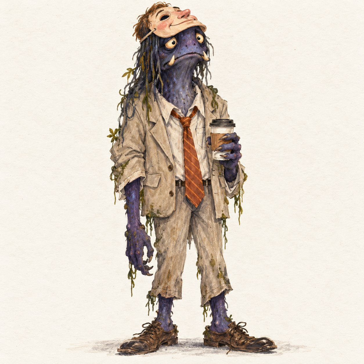 Purple bog monster in an ill-fitting office suit wearing a fake human face mask
