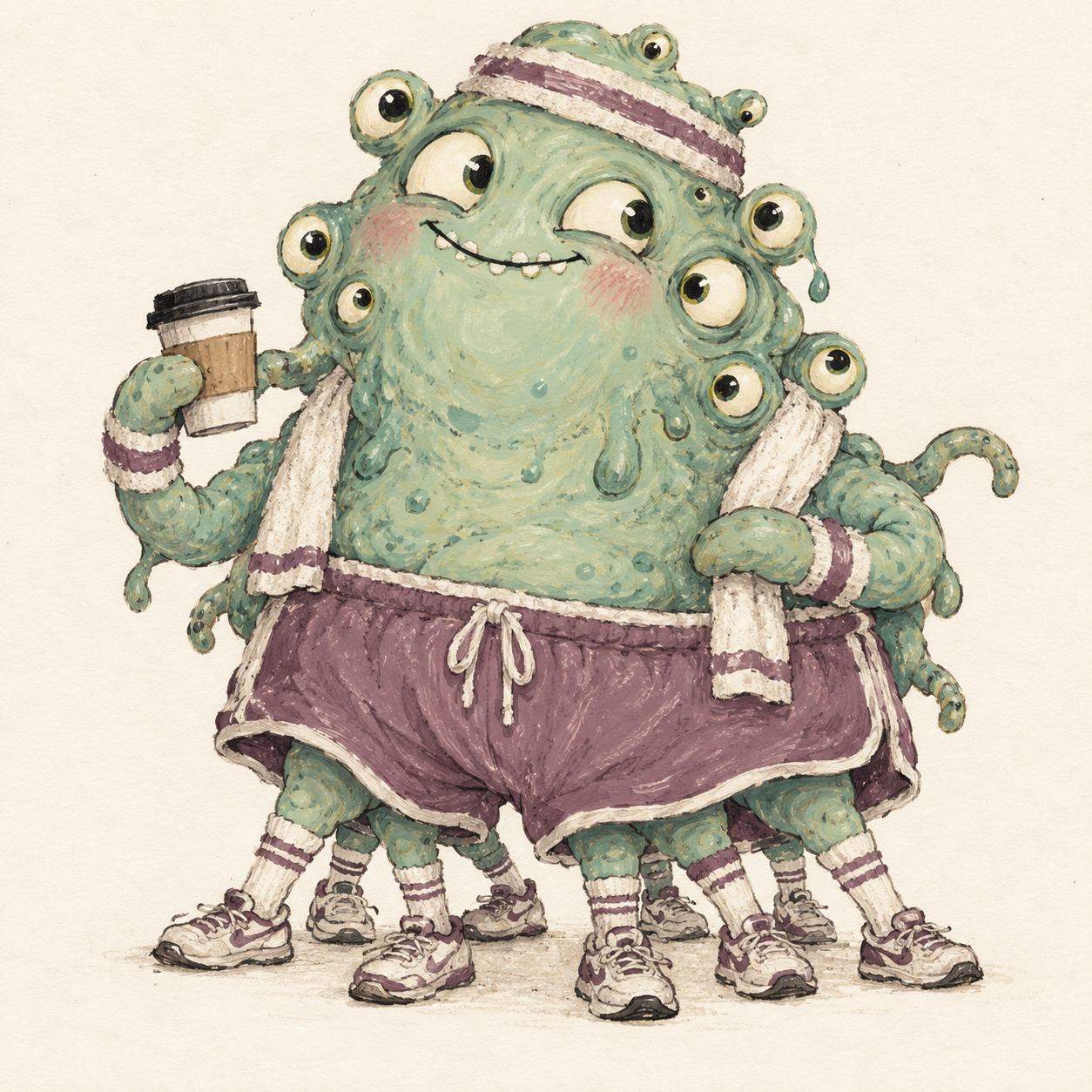 A multi-eyed green blob monster wearing running clothes